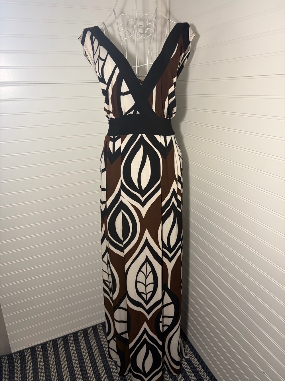 Bisou Bisou Brown Cream Maxi Dress with Black Trim